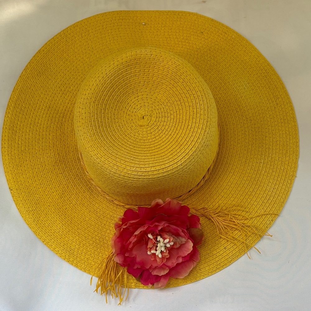 GENTLY WORN LOVE CULTURE YELLOW SUN HAT WITH PINK FLOWER ACCENT- - Picture 2 of 11